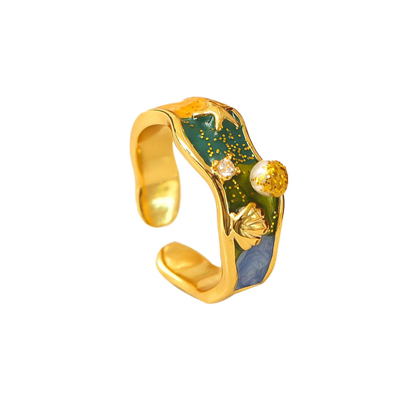 Blue Ocean Starfish Shell Summer Dopamine Colored Drip Glaze Opening Ring