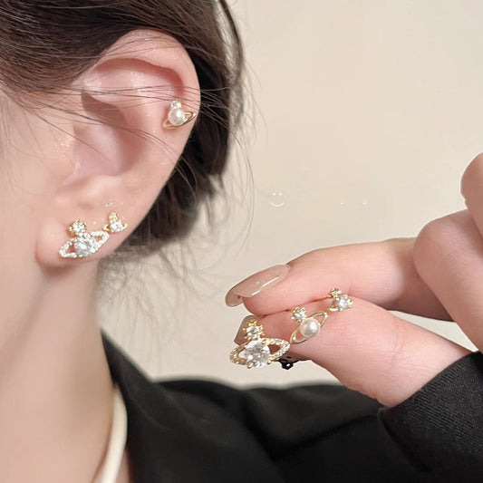 Inlaid Zircon Saturn Pearl Fashion Small Versatile High Sense Earrings