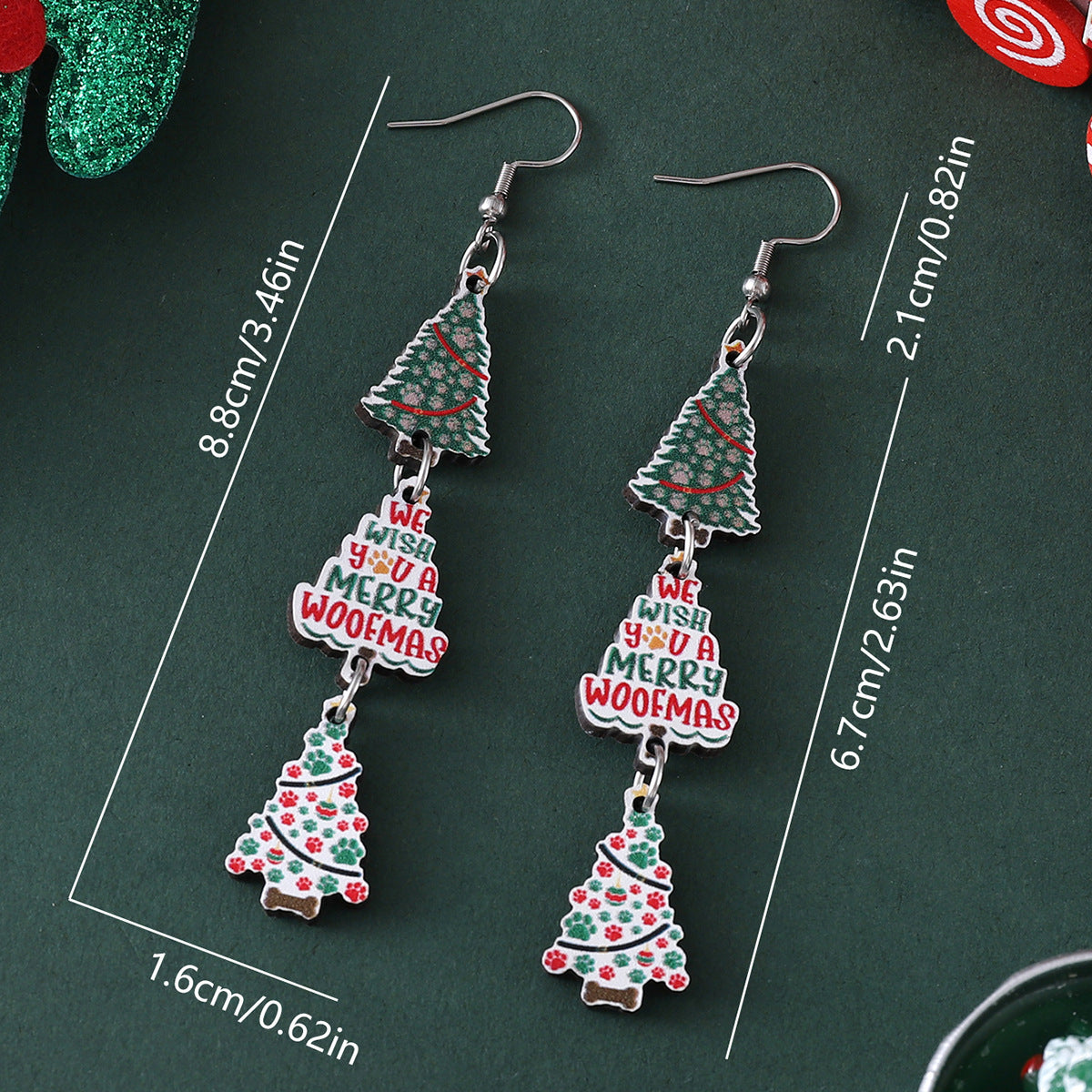 Christmas Colorful Dog's Paw Tree Plaid Earrings