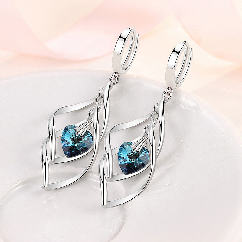Korean Style Blue Crystal Heart Ocean French Temperament Earrings
