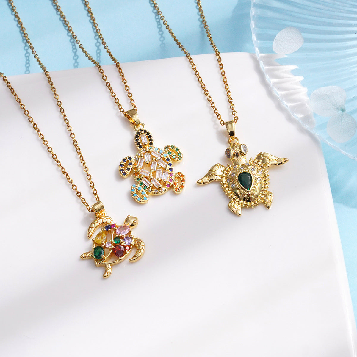 Gold Inlaid Zircon Marine Turtle Titanium Steel Female Design Necklaces