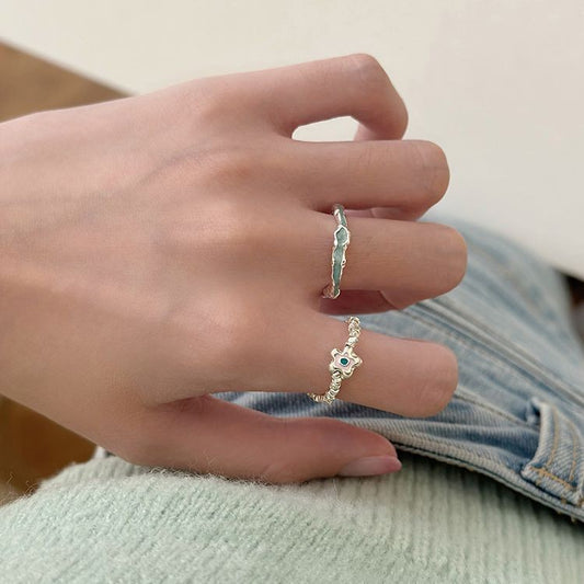 Cool Broken Sier Flower Female Geometric Irregular Personality Opening Rings