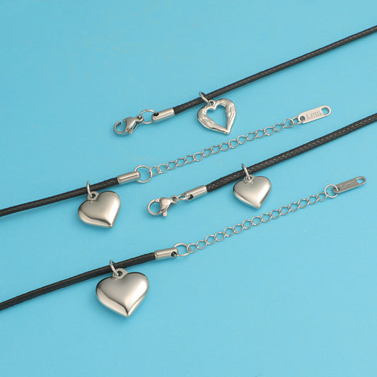 Women's Three-dimensional Love For Hollow Heart Black Wax Rope Necklaces