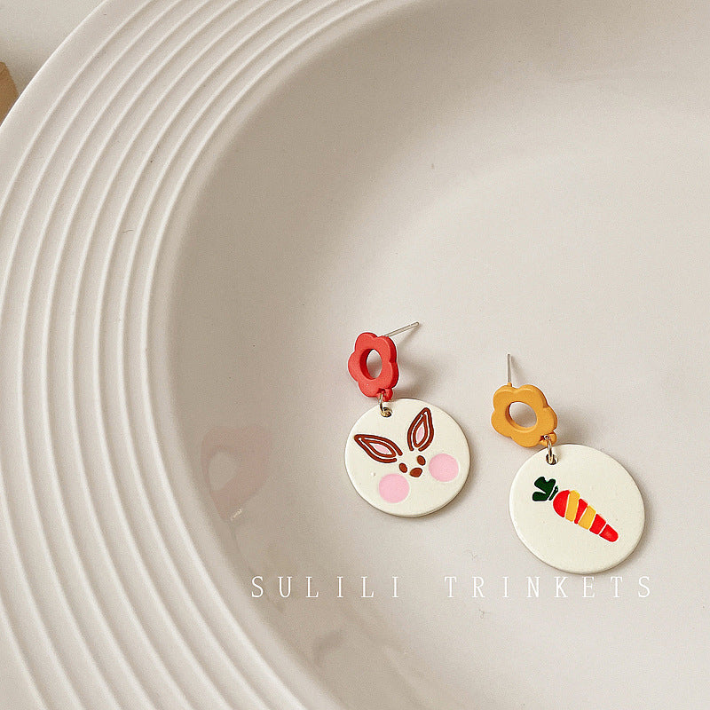 Fresh Sweet Cartoon Bunny Bear Love Heart Minority Design Refined Stud Earrings