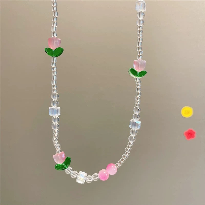 Children's Tulip Color Flower Crystal Beaded Clavicle Necklaces