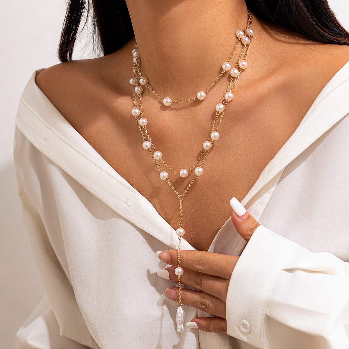 Simple Graceful Pearl Chain Tassel Female Necklaces