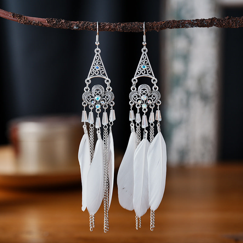 Mid-length Pagoda Crystal Feather Retro Long Upper Lower Stitching Earrings