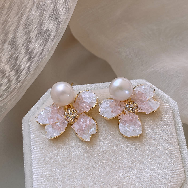 Women's Cream Blue Crystal Flower Pearl Light Rings