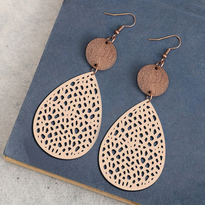 Retro Hollow Spider Web Stitching Wood Earrings