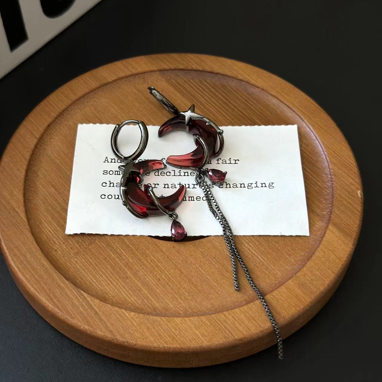 Red Crescent Tassel Chinese Style Asymmetric Design Advanced Niche Personality Earrings