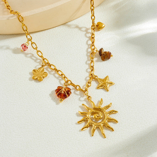 Fashion Gold-plated Star Sunflower Gravel Beaded Leaf Stainless Jewelry Set