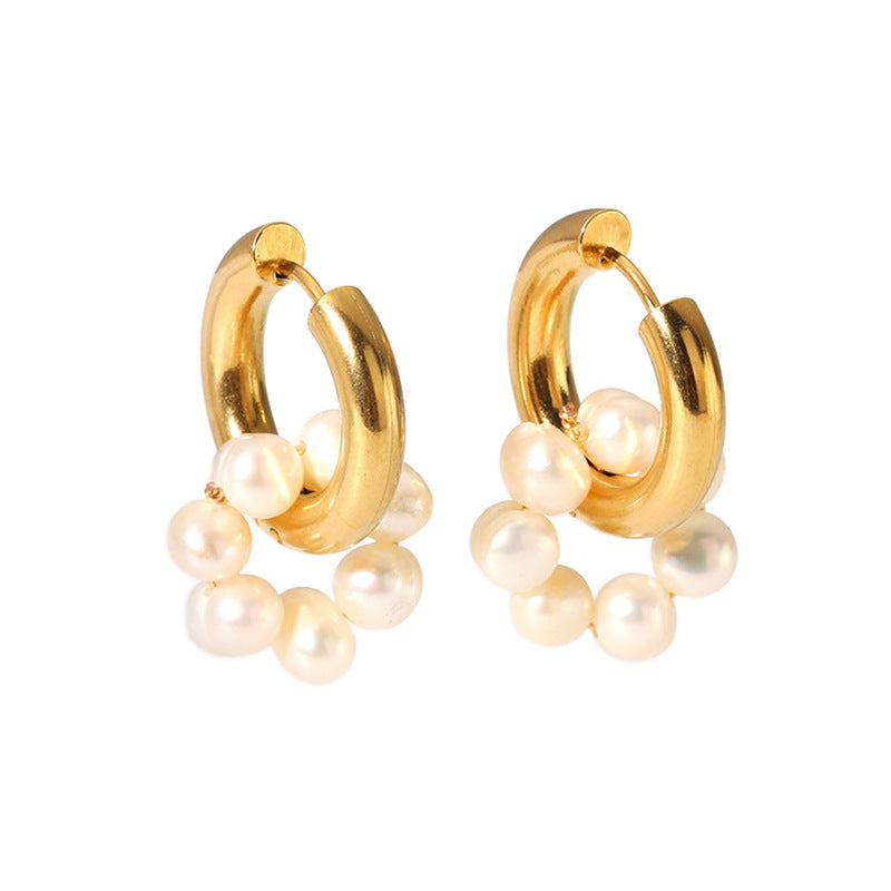 Water Pearl Fashion Stainless Steel Gold Earrings