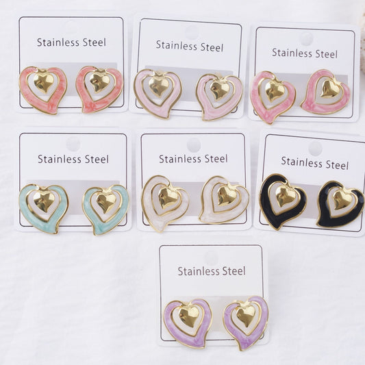 Stainless Steel Color Texture Dripping Oil Love Heart Earrings
