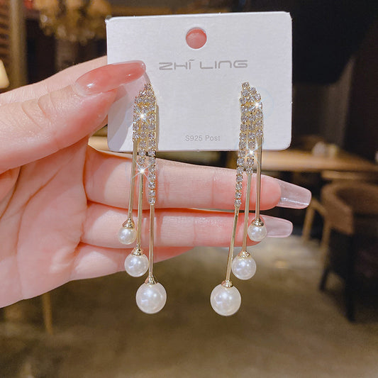 Sier Needle Red Pearl Tassel Eardrops Female Fashion Long Rings