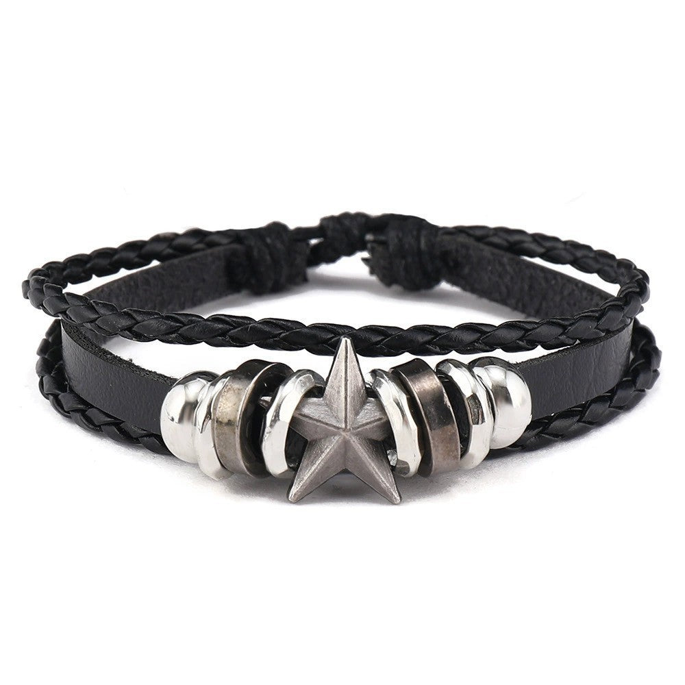 Men's Fashion Width Leather Domineering Personalized Alloy Five-pointed Bracelet