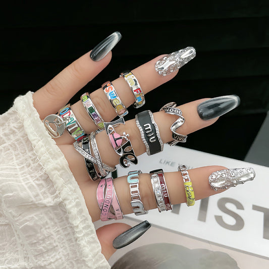 Punk Letter Colored Drip Glaze Open Rings