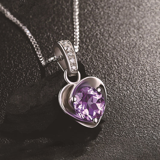 Women's Heart-shaped Crystal Sier Plated Ornament Amethyst Korean Style Gift Pendants