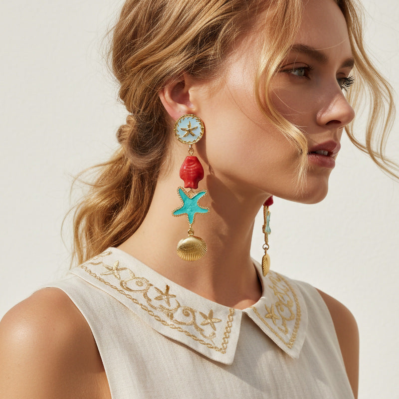 Style Macaron Starfish Fish Shell Patch Exaggerated Layered Earrings