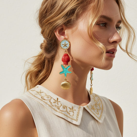 Style Macaron Starfish Fish Shell Patch Exaggerated Layered Earrings