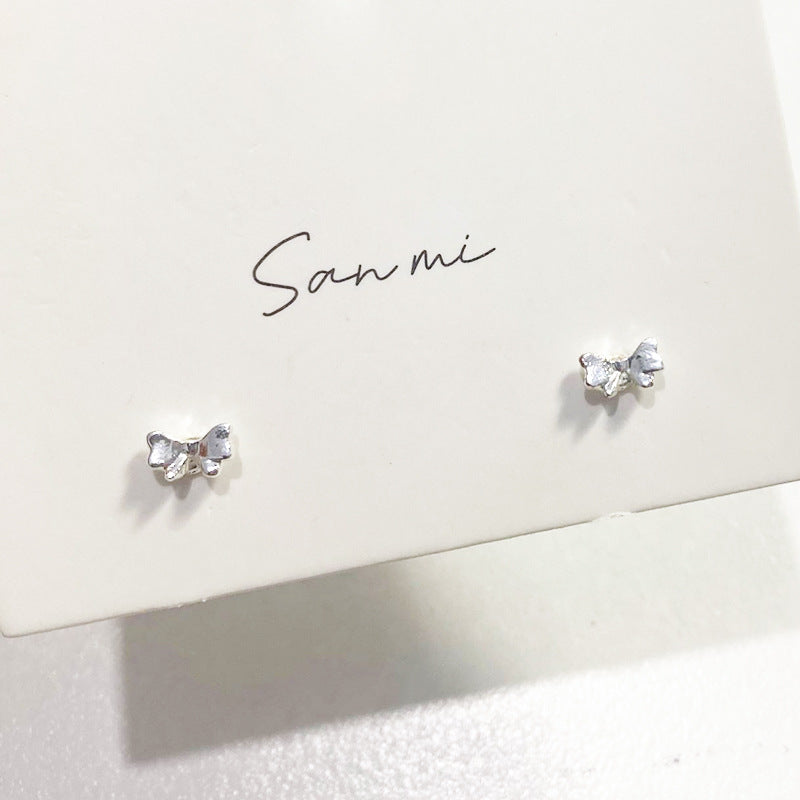 Fresh Plain Sier Plated Bow Female Small Simple Stud Earrings