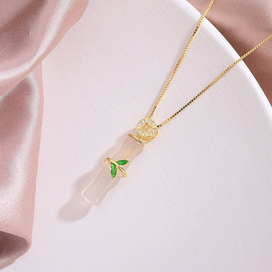 Women's Sier Bamboo Chalcedony Chinese Style Lucky Necklaces