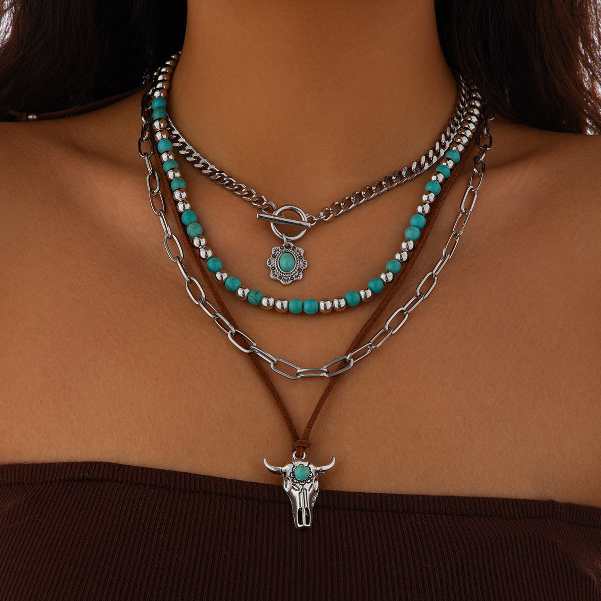 Turquoise Cow Head Clavicle Exotic Ethnic Necklaces