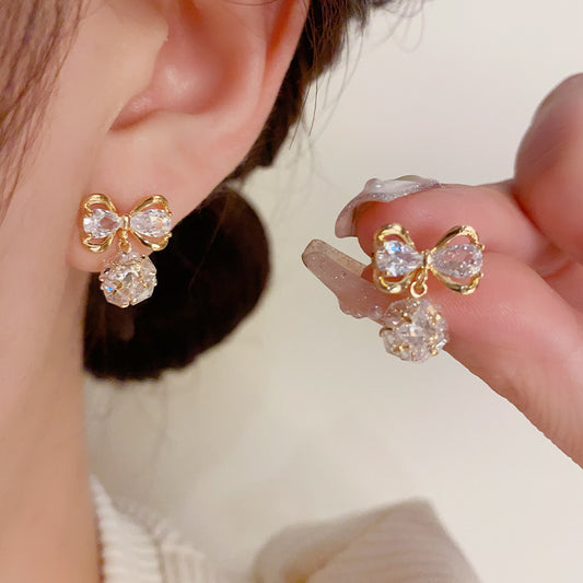 Mori Style Small Cute Exquisite Bow Hanging Earrings