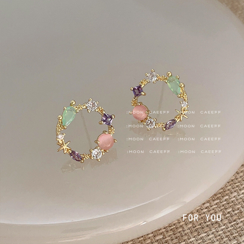 Women's Zircon Flower Fresh Sweet Opal Stone Ear Earrings