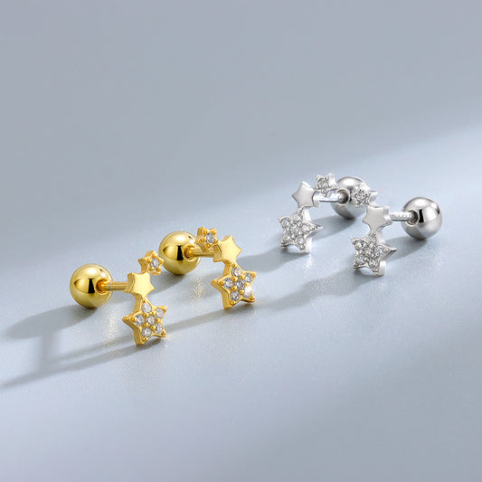 Three Five-pointed Star Symmetrical Screw Pin Tightening Earrings
