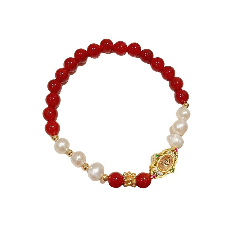 Women's Natural Freshwater Pearl Red Agate Square Bracelets