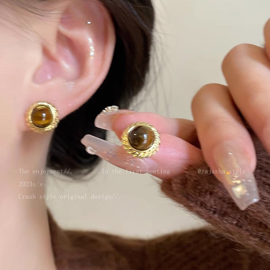 Women's Round Tigereye Atmosphere Retro Graceful Ear Ornaments Earrings