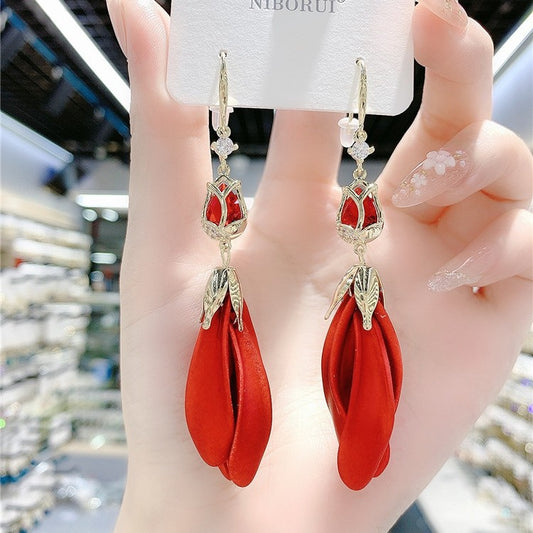 Women's Red Tulip Petal Trendy Elegant Long Earrings