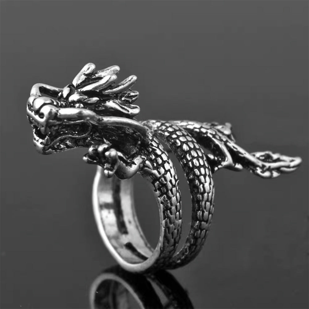 Men's Sier Blue Dragon Faucet Power Style Personalized Chinese Rings