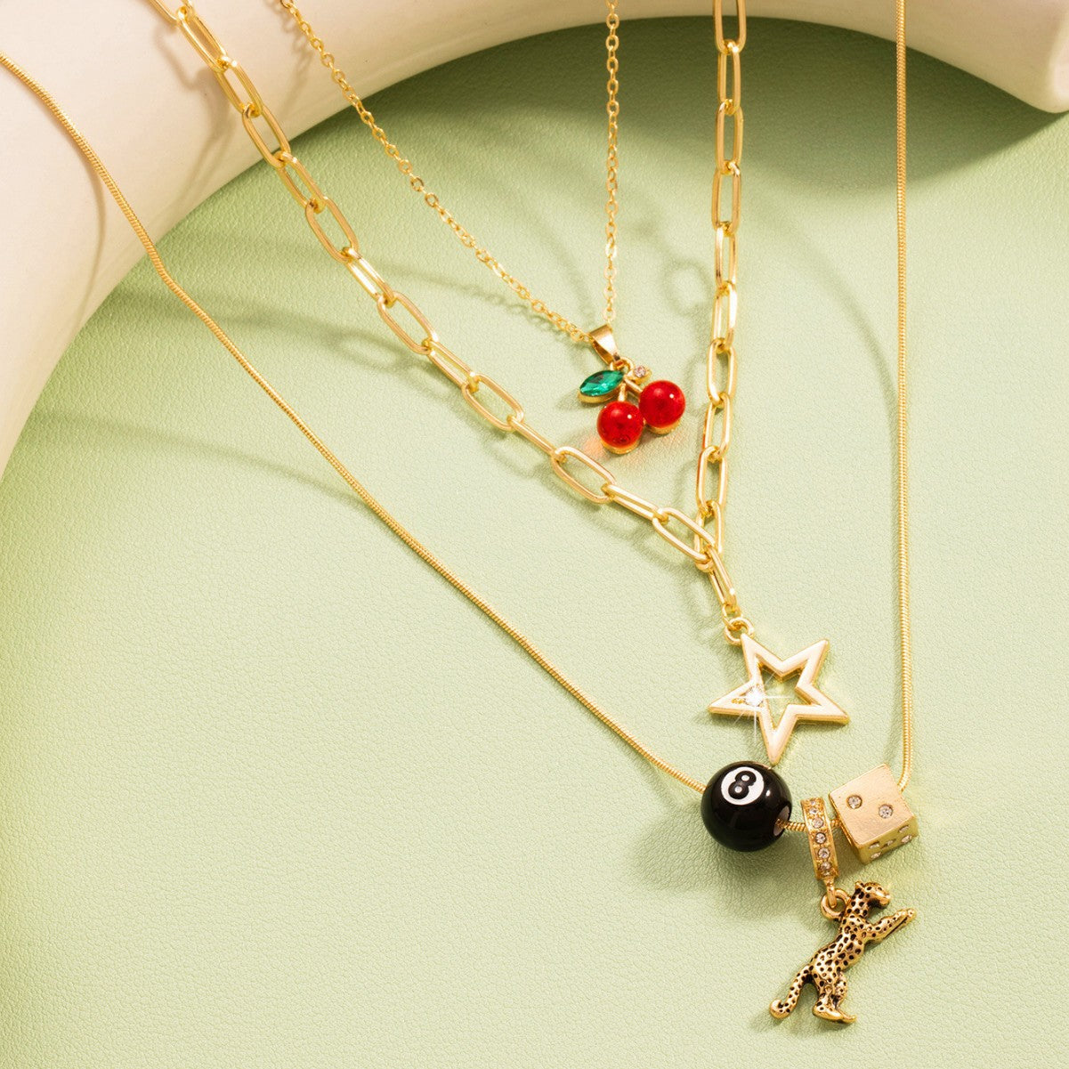 Women's Acrylic Cherry Alloy Leopard Sieve Twin Necklaces