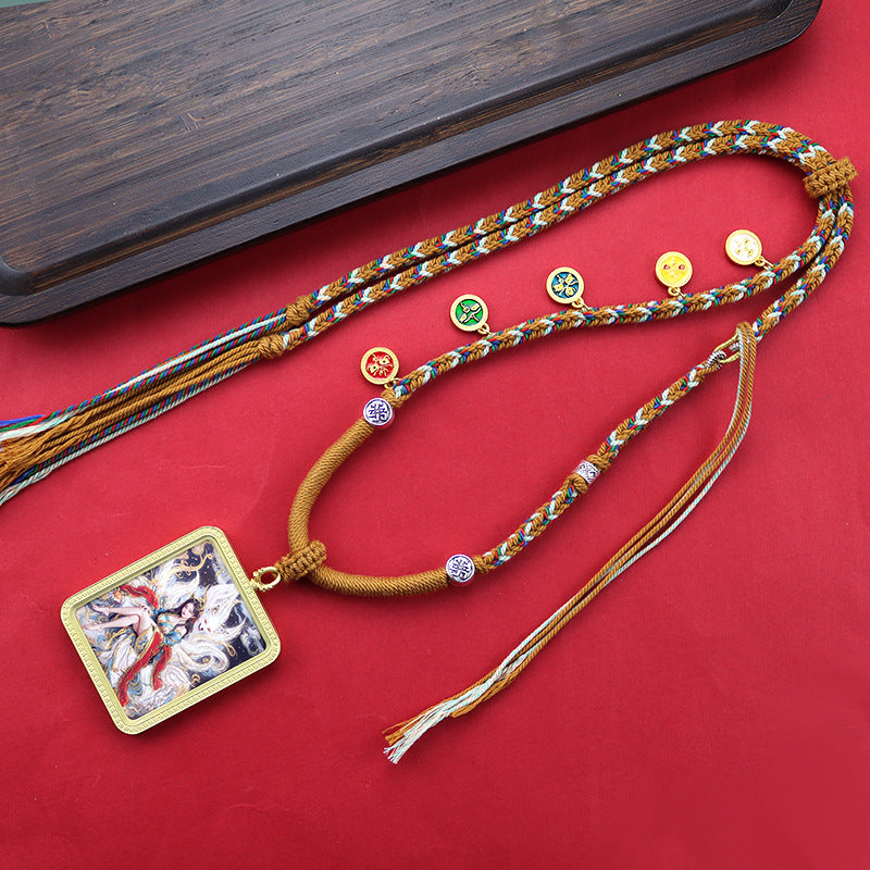 Tibetan Hand Painted Golden Outline Eight Patron Saints Double-sided Necklaces