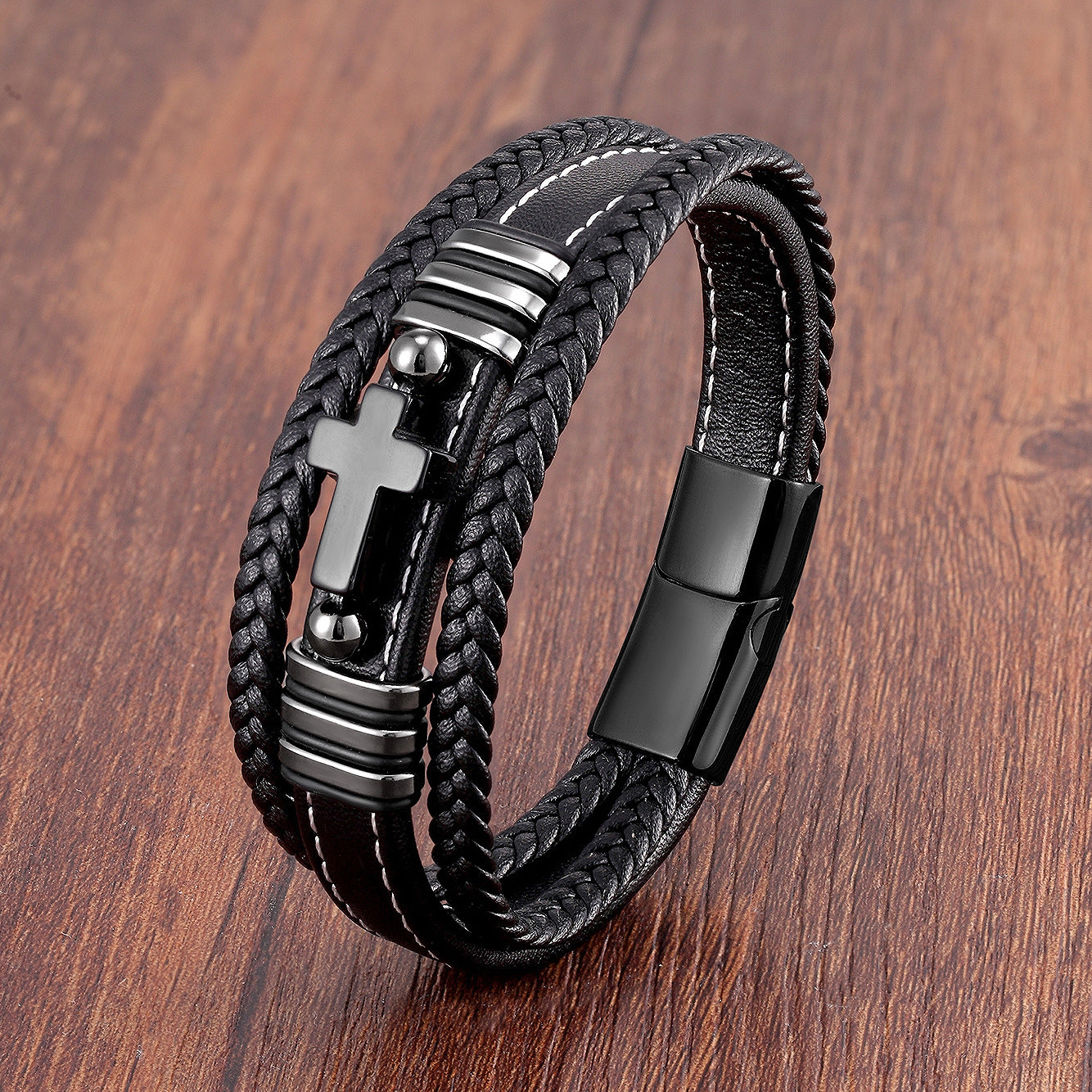 Men's Woven Leather Vintage Stone Cross Stainless Steel Bracelet