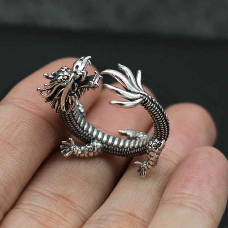 Men's Sier Blue Dragon Faucet Power Style Personalized Chinese Rings