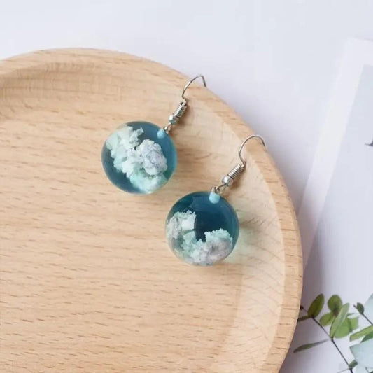 Luminous Planet Blue Sky White Clouds Mori Style Transparent Spherical Earrings