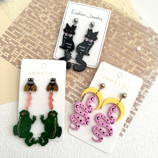 Women's Acrylic Moon Snake Animal Bee Frog Cat Long Earrings