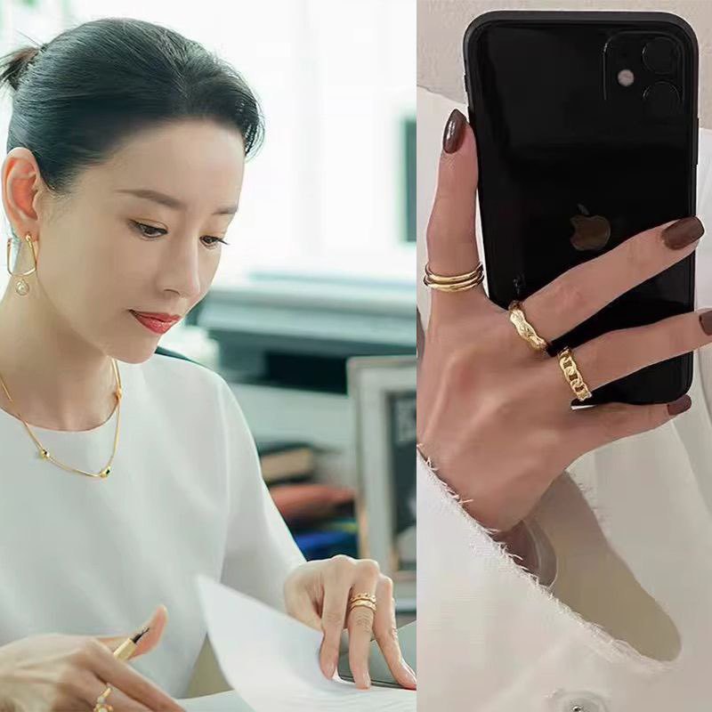 Gold Geometric Three-piece Female Versatile Chain Everyday Style Ring