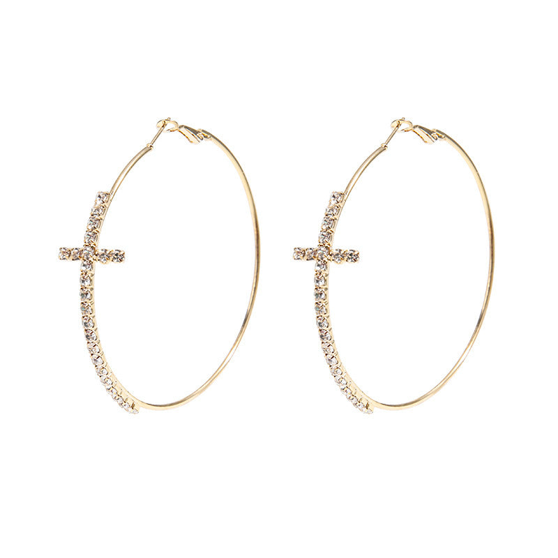 Women's Ornament Gold Cross Diamond Simple Exaggerated Earrings