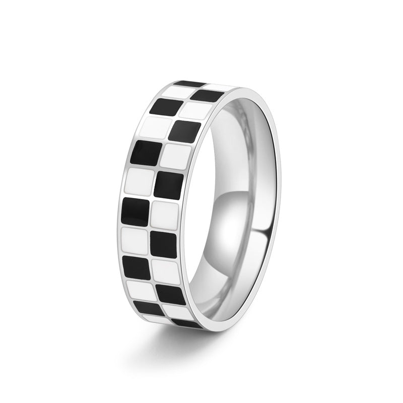 Women's Titanium Steel Epoxy Black White Chessboard Plaid Niche Rings