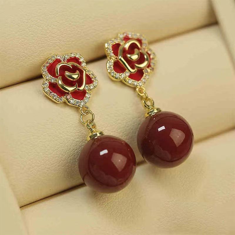 Women's Red Rose Sterling Sier Light Luxury Temperament Earrings