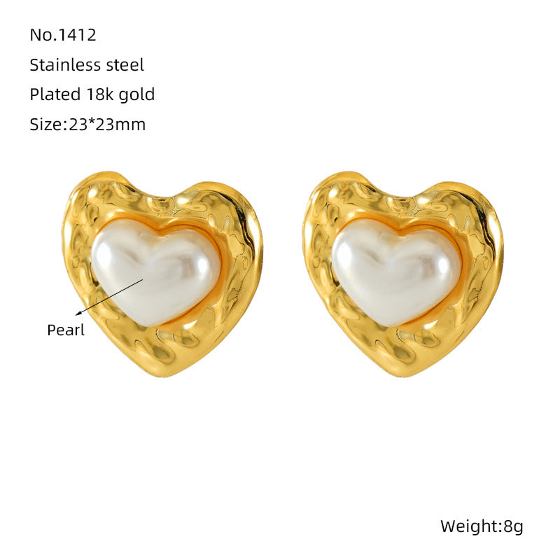 Entry Lux Love Oval Titanium Steel Fashion Pearl Pleated Earrings