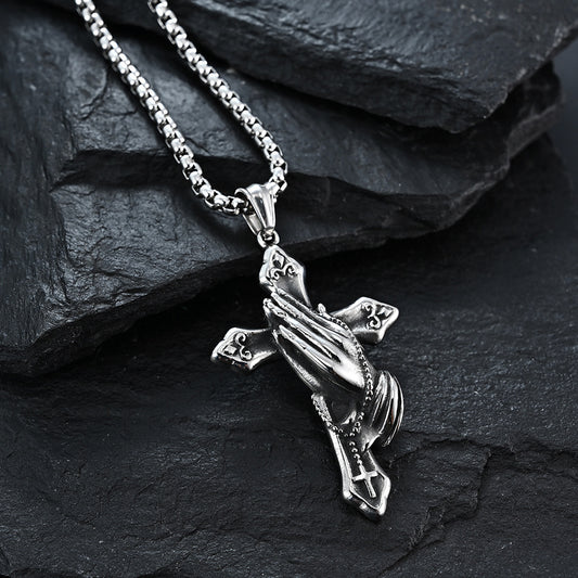 Source Retro Style Praying Hands Stainless Steel Cross Shelf Necklaces