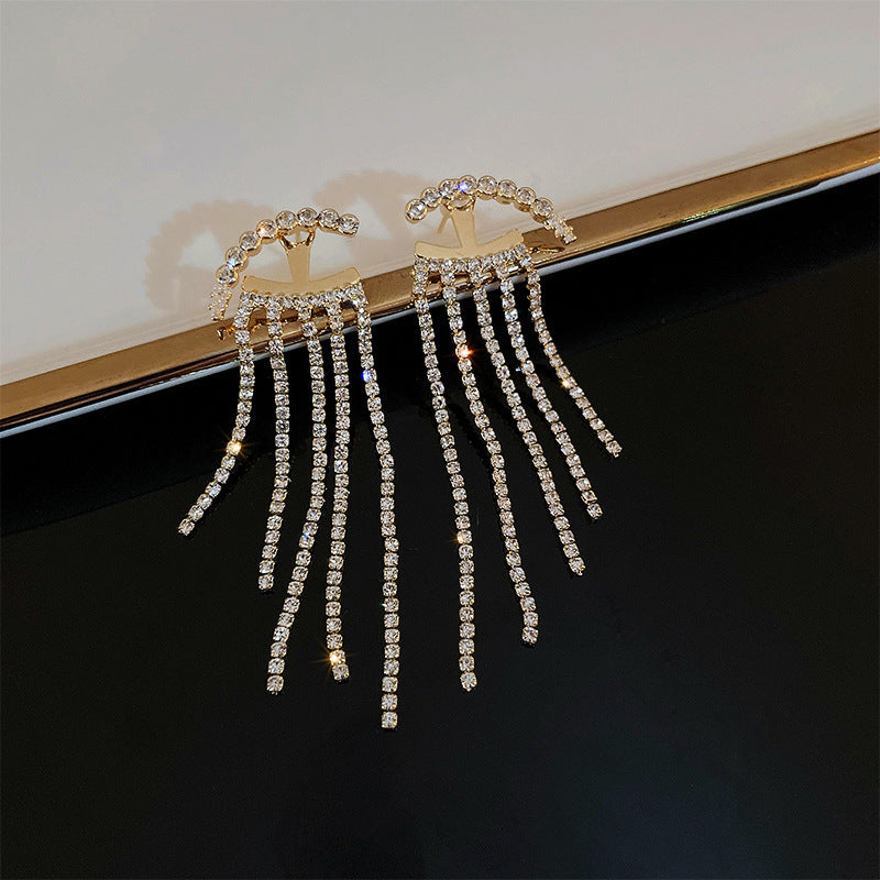 Tassel Rhinestone High Sense Sier Personality Design Temperament Entry Earrings