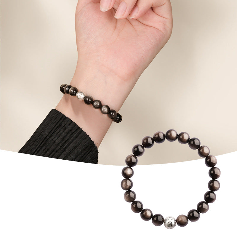 Men's Natural Obsidian Female Sier Sterling Mantra Buddha Beads Bracelets