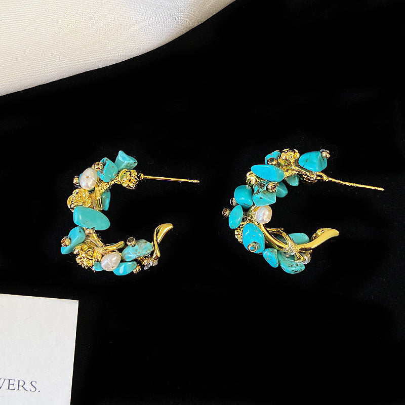 Freshwater Pearl Turquoise Bohemian Ethnic Style Ear Female Irregular Geometric Stud Earrings