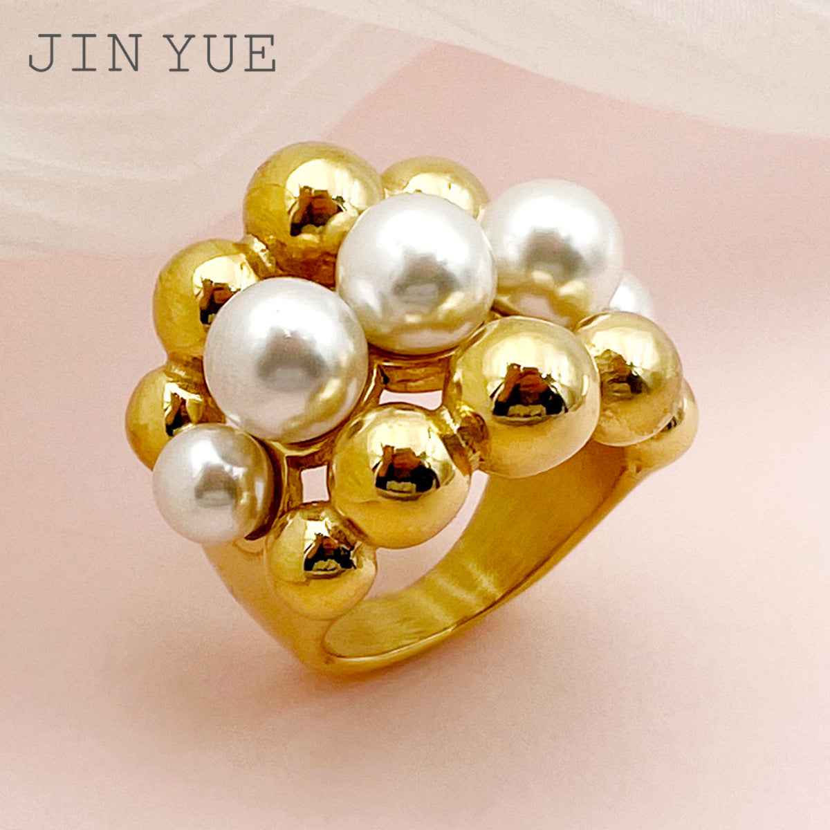 Fashion Natural Pearl Golden Balls Trendy Stainless Rings