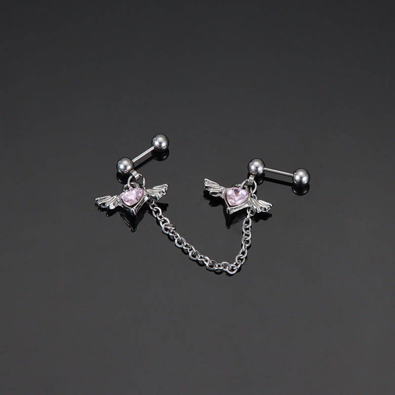 Sweet Cool Chain Wings Titanium Steel Double Female Piercing Earrings